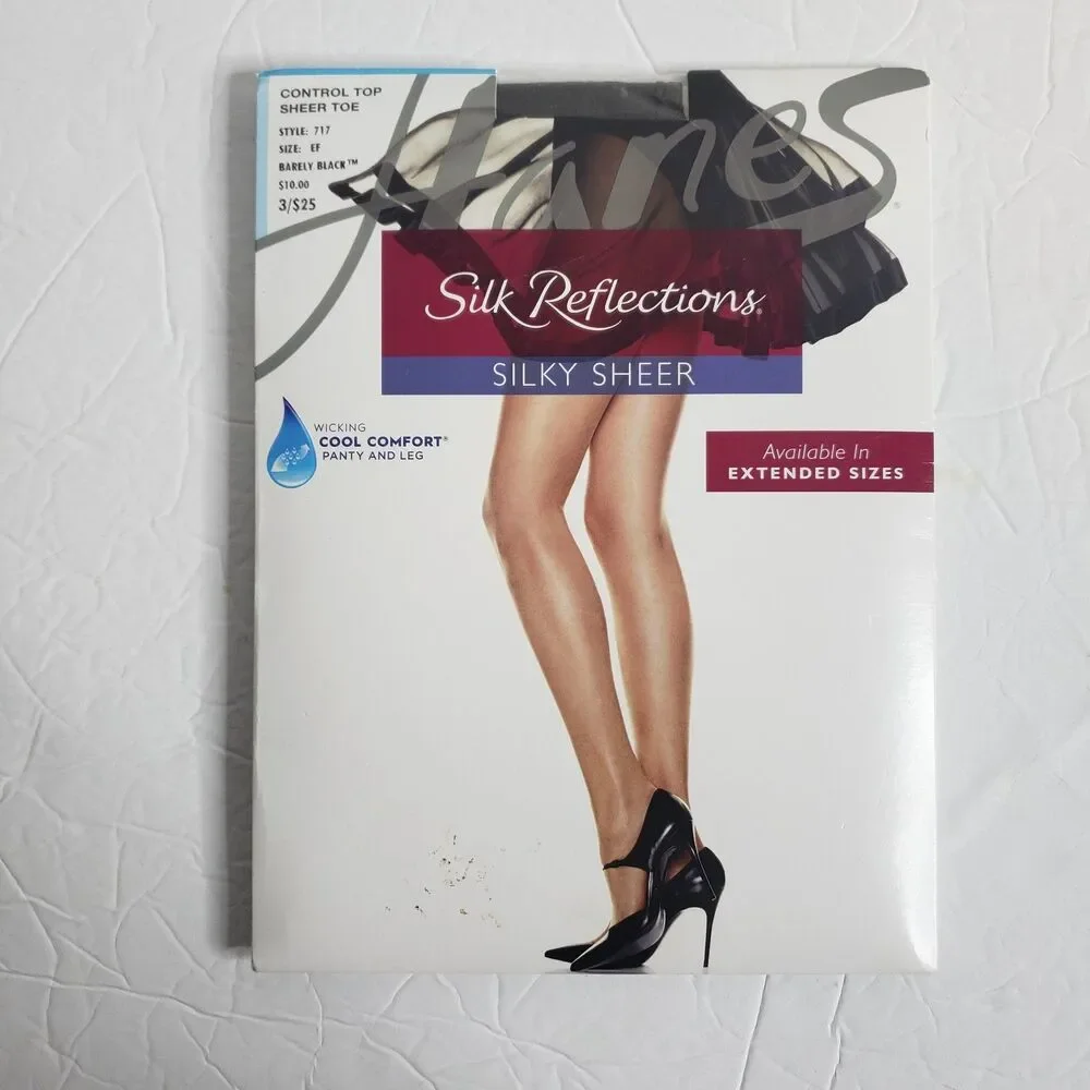 HANES Silk Reflections Control Top Barely Black Nylons Pantyhose Womens Size EF